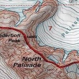 Detail of a topographic map show contour lines, mountains, and glaciers.